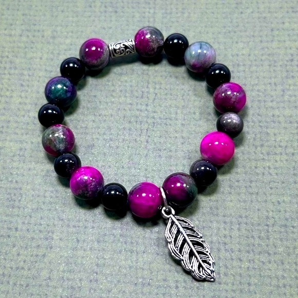 Handmade Feather Charm Bracelet with Obsidian & Persian Jade Gemstones! - Picture 4 of 4